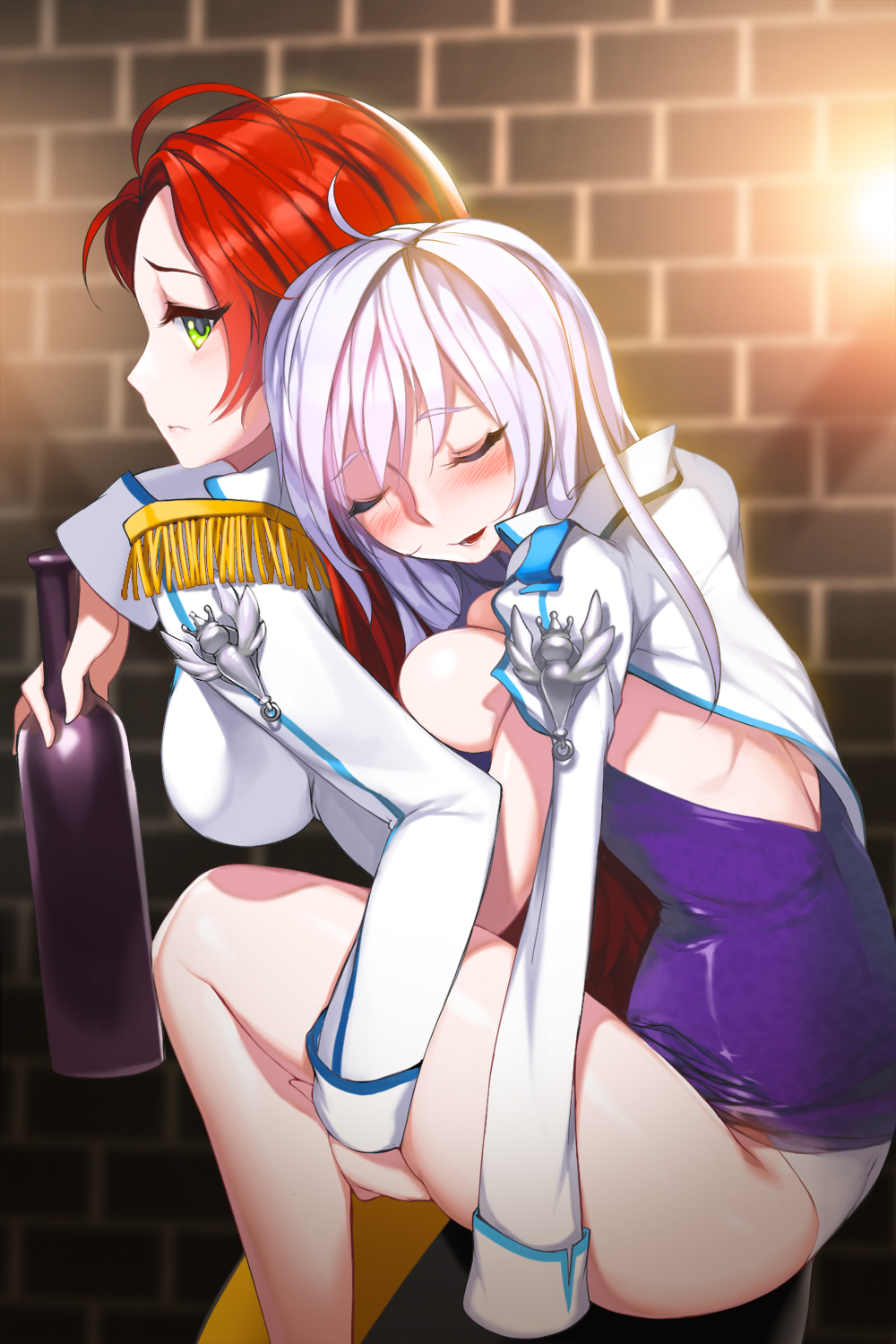 2girls, ahoge, blush, bottle, breasts, carrying, cleavage, closed_eyes