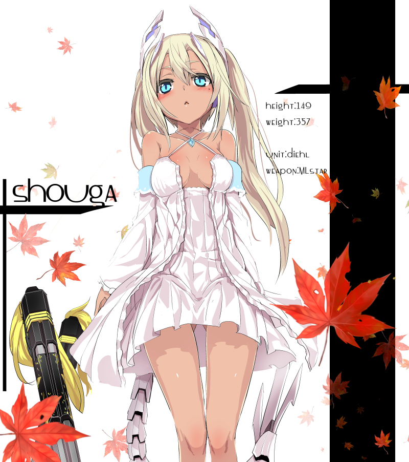 1girl, :<, bare_shoulders, blonde_hair, blue_eyes, blush, body_blush, breasts