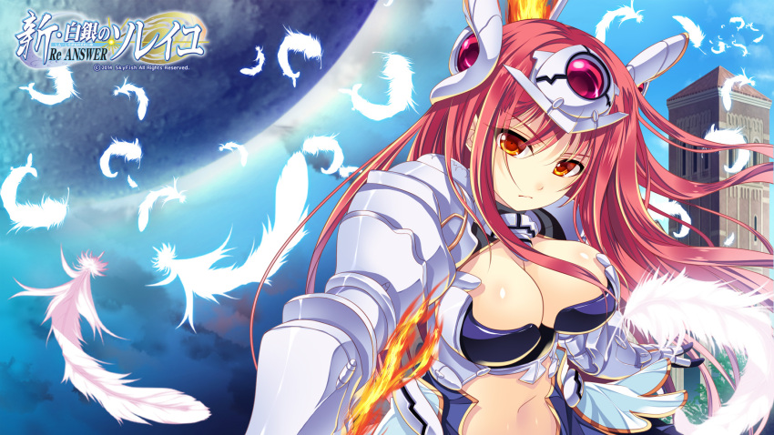 1girl, armor, breasts, chobipero, cleavage, cleavage_cutout, gauntlets, headgear, highres, large_breasts, long_hair, midriff, navel, orange_eyes, pink_hair, shin_shirogane_no_soleil_reanswer, solo, wallpaper