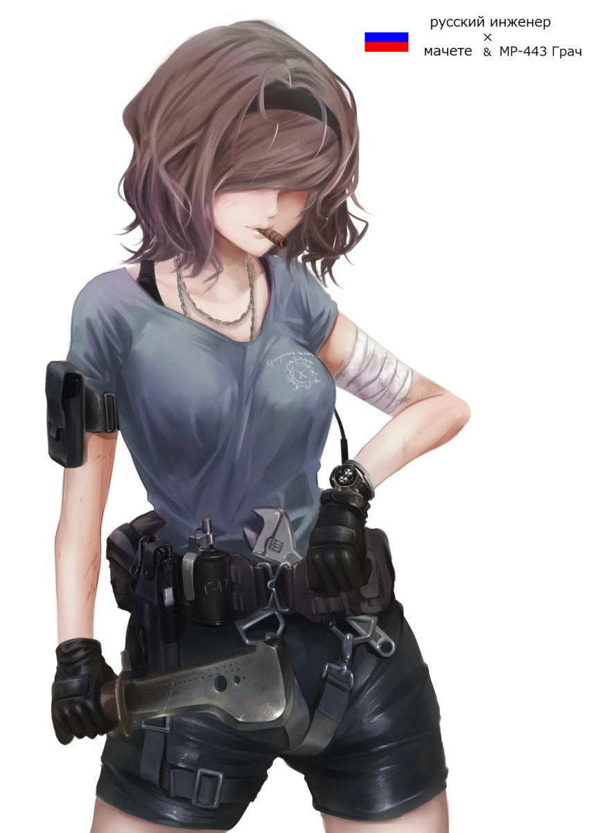 1girl, adjustable_wrench, bandages, battlefield_(series), battlefield_4, brown_hair, cigar, gloves