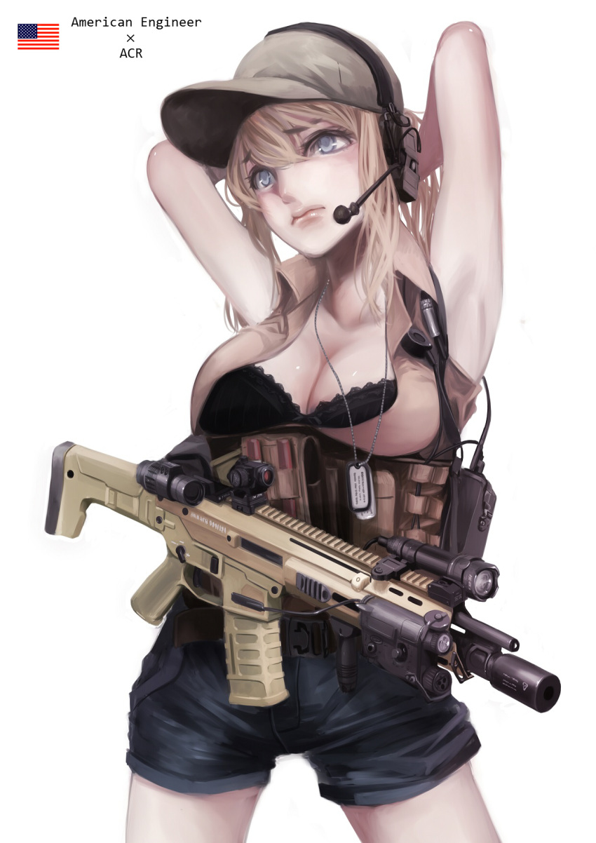 1girl, american_flag, assault_rifle, baseball_cap, battlefield_(series), battlefield_4, blonde_hair, blue_eyes