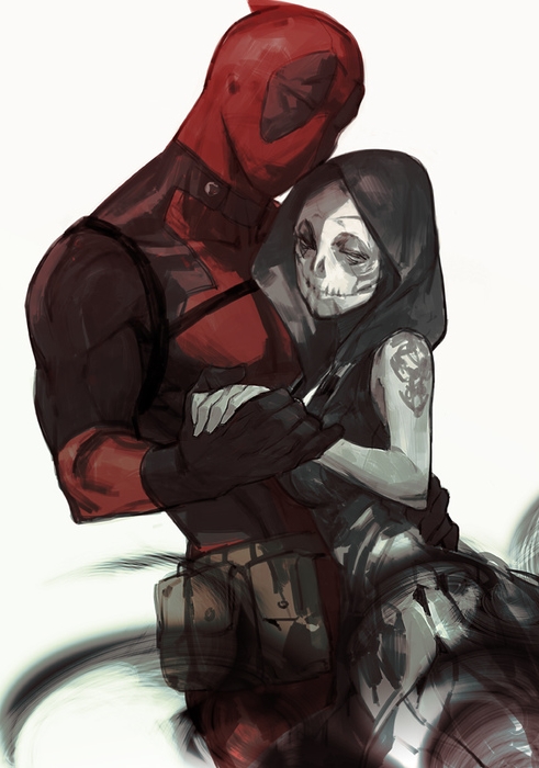 1boy, 1girl, closed_eyes, deadpool, death, facepaint, hood, hug, marvel, shishio, skull