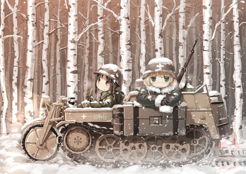 2girls, blue_eyes, brown_eyes, helmet, highres, military, military_vehicle, multiple_girls, original, snow, tsukumizu_yuu, vehicle