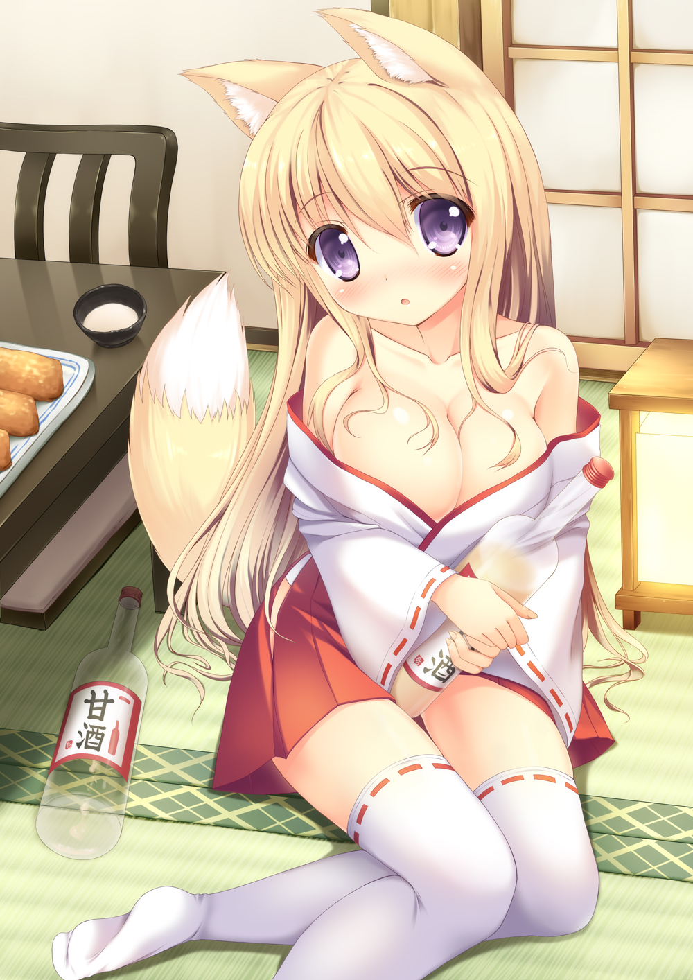 1girl, aburaage, animal_ears, bare_shoulders, blonde_hair, blush, bottle, breasts
