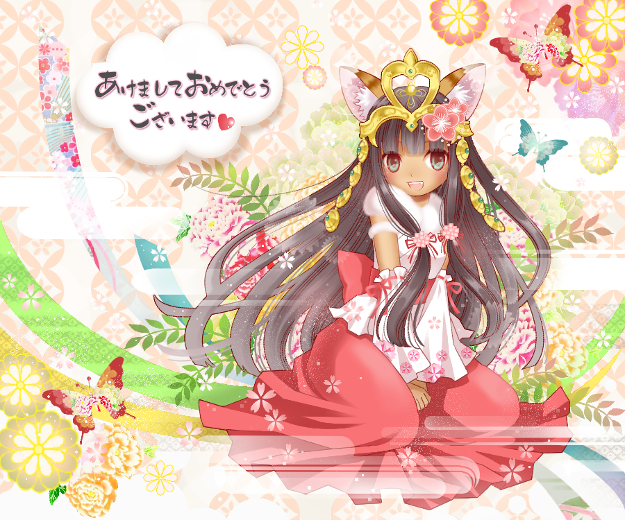 1girl, animal_ears, bastet_(p&amp;d), black_hair, cat_ears, cherry2317, dark_skin, fang