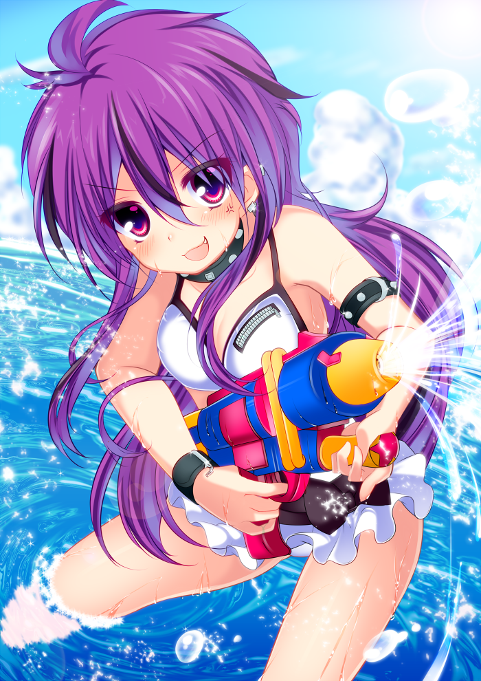 1girl, bikini, bikini_skirt, blush, fang, girlfriend_(kari), haruta_(806060), long_hair, looking_at_viewer, open_mouth, purple_hair, shinonome_rei, swimsuit, violet_eyes, wading, water_gun, wet