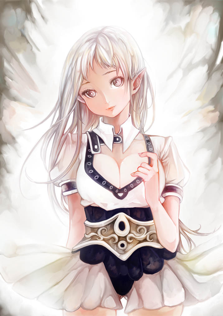 1girl, breasts, cleavage, collar, dress, higan_yuu, light_smile, long_hair, original, pointy_ears, skirt, solo, white_hair