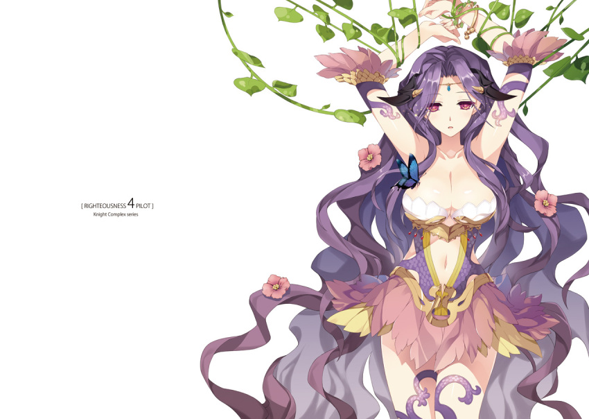1girl, armpits, arms_up, bare_shoulders, bdsm, bondage, bracelet, breasts, butterfly, character_request, circlet, flower, hair_flower, hair_ornament, isizuaki, jewelry, large_breasts, leaf, long_hair, purple_hair, ragnarok_online, red_eyes, shoulderless_dress, skirt, solo, vines, white_background