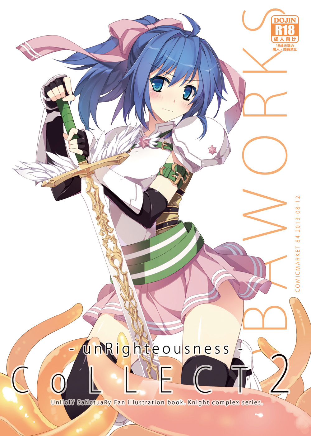 1girl, 2013, armor, armored_dress, black_legwear, blue_eyes, blue_hair, blush, dated, dress, fingerless_gloves, frown, gloves, highres, isizuaki, kneeling, knight_(ragnarok_online), pink_dress, ponytail, ragnarok_online, rating, short_hair, skirt, solo, sword, tentacles, thighhighs, weapon, white_background