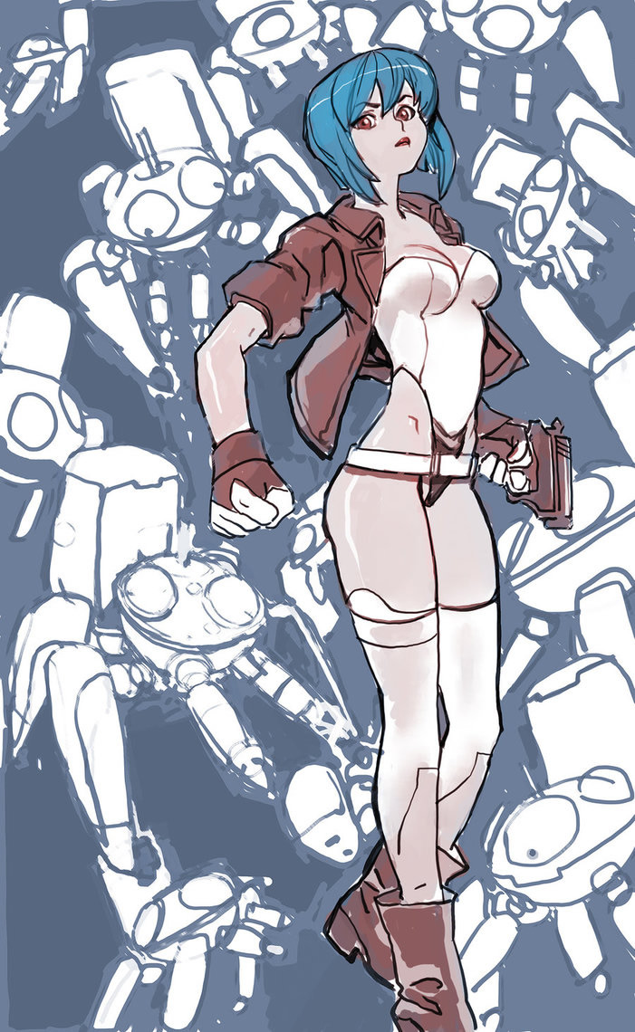 1girl, ankle_boots, belt, blue_hair, boots, breasts, brown_eyes, cyborg