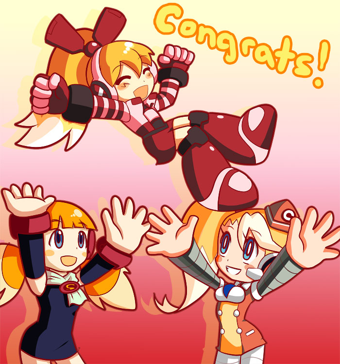 3girls, ^_^, android, blonde_hair, blue_eyes, blush_stickers, call_(mighty_no._9), call_e