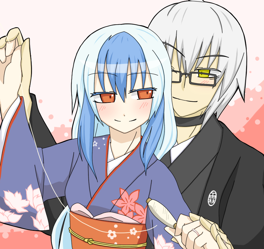 1boy, 1girl, ahoge, blue_hair, blush, choker, couple, glasses