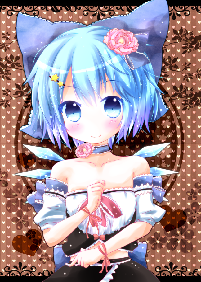 1girl, alternate_costume, arm_ribbon, bare_shoulders, blue_eyes, blue_hair, blush, bow