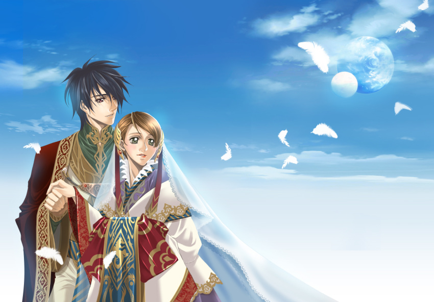 1girl, adult, black_hair, brown_eyes, brown_hair, cloud, clouds, couple, escaflowne, feathers, hand_holding, headdress, holding_hands, kanzaki_hitomi, lipstick, moon, robe, short_hair, sky, tajima_minato, tenkuu_no_escaflowne, van_fanel, veil