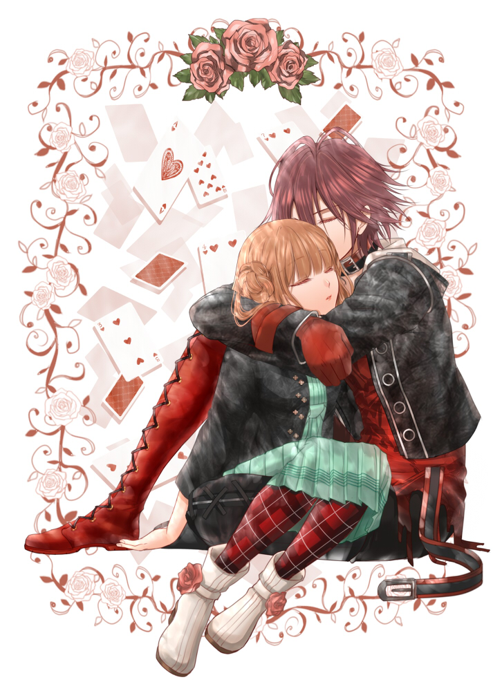 1boy, 1girl, amnesia_(idea_factory), boots, braid, brown_hair, card, closed_eyes