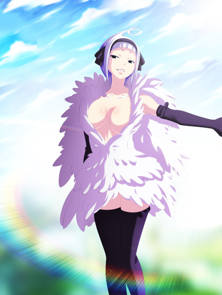 1girl, angel_(fairy_tail), breasts, cleavage, cloudy_sky, fairy_tail, feathers, gloves, hair_ribbon, hairband, large_breasts, no_bra, ribbon, short_hair, solo, thighhighs, white_hair