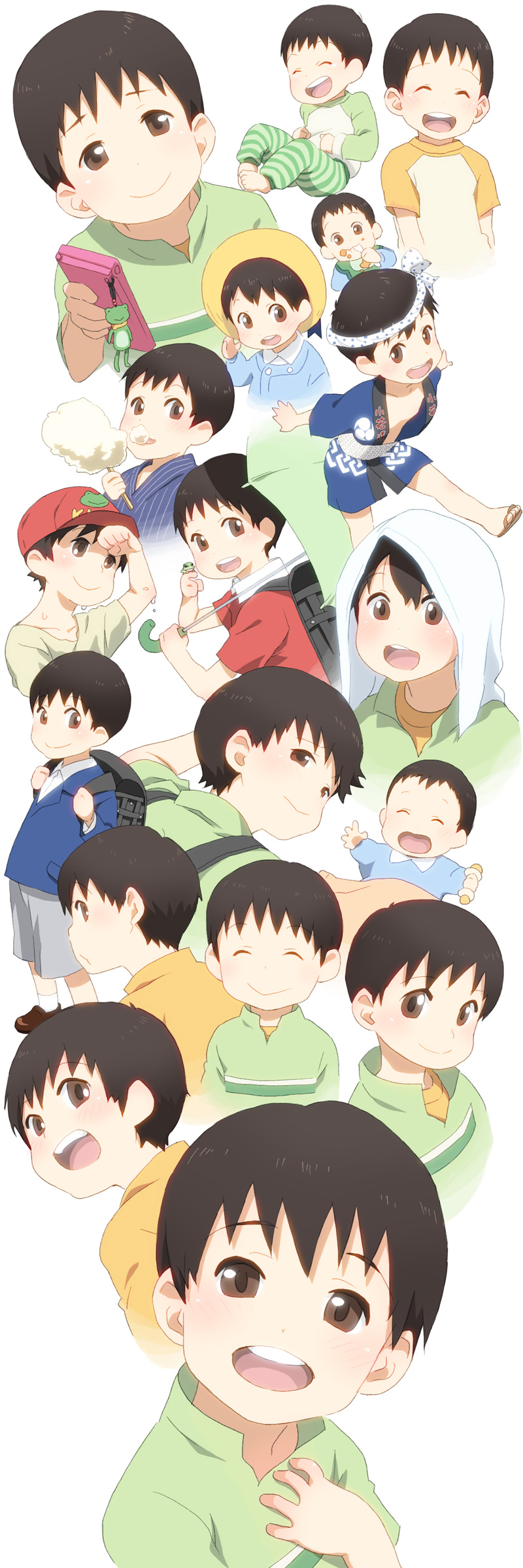 :>, baby, backpack, boy, brown_eyes, brown_hair, cellphone, child, happy, laughing, onozawa_yuuki, shota, smile, tokyo_magnitude_8.0, towel