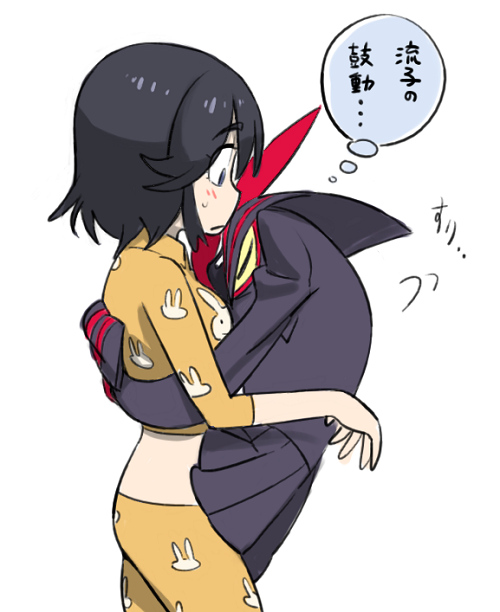 1girl, black_hair, blush, hug, kill_la_kill, living_clothes, matoi_ryuuko, mizuiroregent