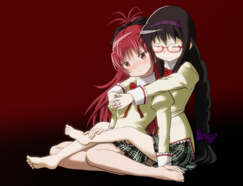 2girls, akemi_homura, bare_legs, black_hair, blush, braid, closed_eyes, glasses, hairband, highres, hug, hug_from_behind, knives_(knives777), mahou_shoujo_madoka_magica, multiple_girls, red-framed_glasses, red_eyes, redhead, sakura_kyouko, school_uniform, sitting, skirt, smile, twin_braids, yuri