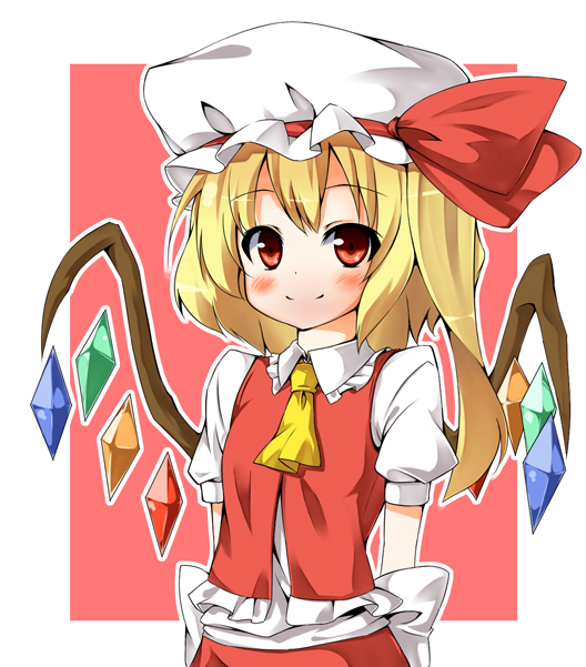arms_behind_back, blonde_hair, blush, bust, flandre_scarlet, hat, mamedenkyuu, mamedenkyuu_(berun)