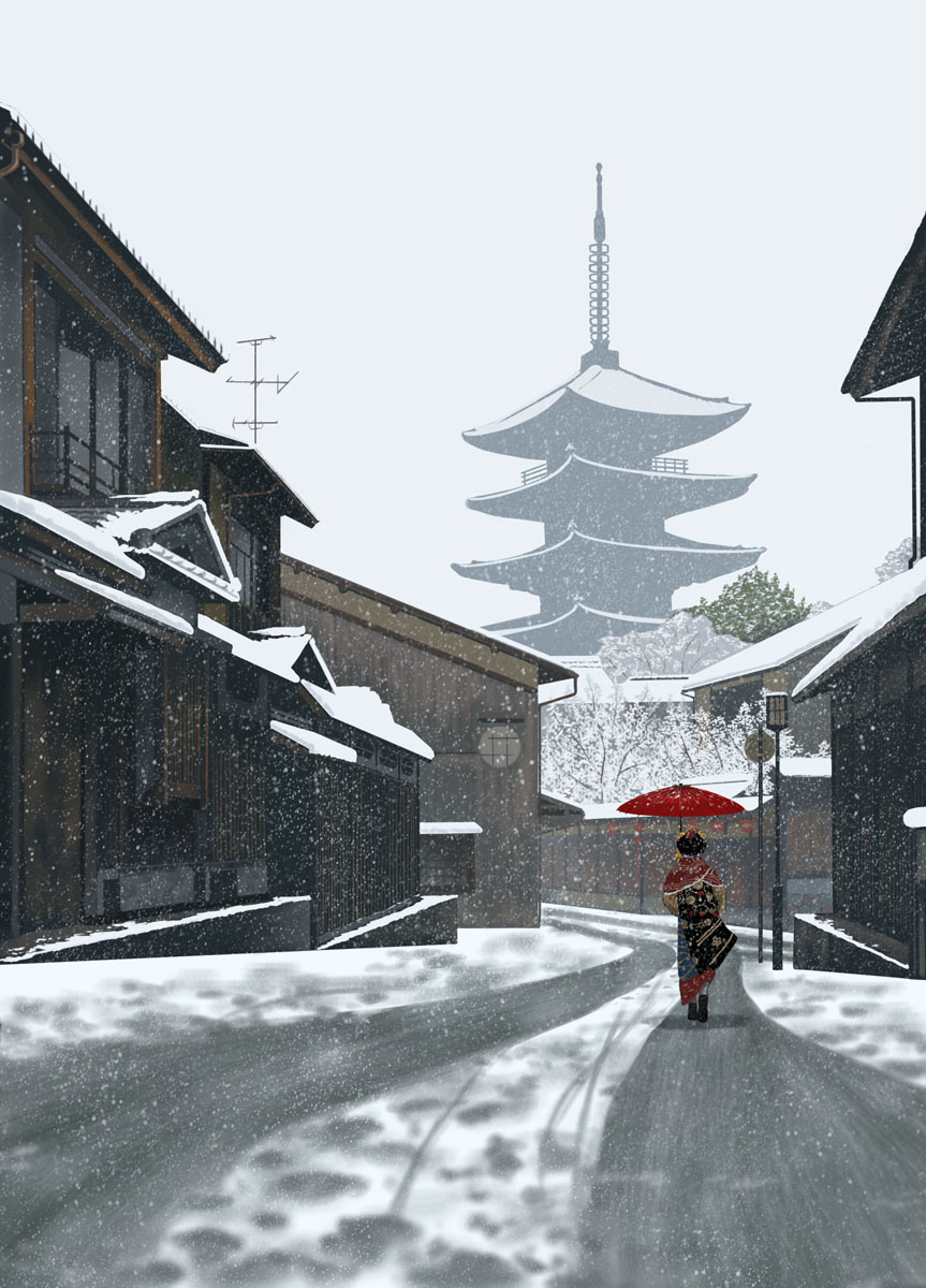 1girl, city, happy_new_year, highres, house, japanese_clothes, kimono, kyoto, nauimusuka, original, parasol, road, snow, snowing, tree, umbrella, winter_scenery