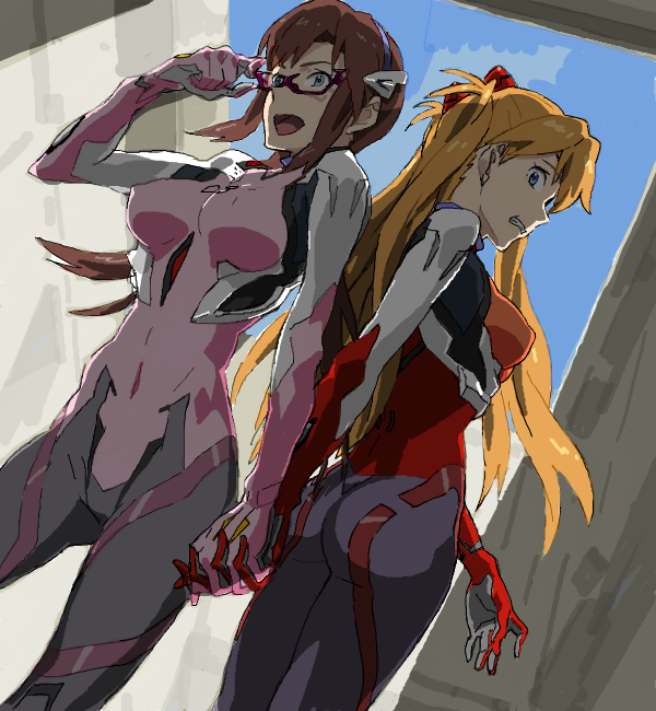 2girls, adjusting_glasses, baariya, bodysuit, brown_hair, drawr, dutch_angle, evangelion:_3.0_you_can_(not)_redo