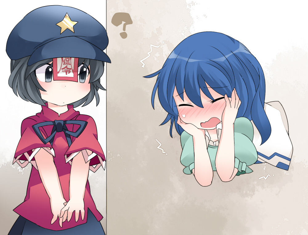 2girls, ?, blue_eyes, blue_hair, blush, breasts, dress, hair_ornament