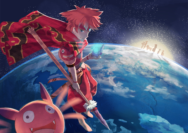 1boy, ark_(terranigma), baggy_pants, cape, character_request, earth, headband, kegani_(kegani01), orange_hair, polearm, short_hair, silhouette, space, spear, terranigma, weapon