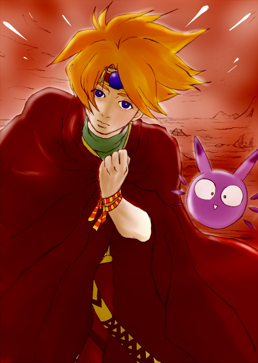 1boy, ark_(terranigma), blue_eyes, bracelet, cloak, creature, forehead_jewel, headband
