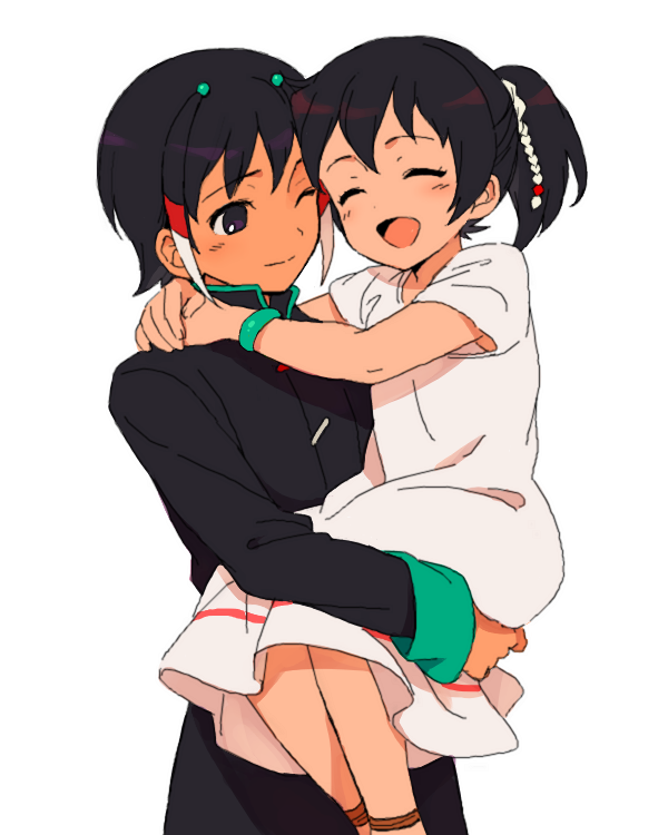 1boy, 1girl, black_hair, brother_and_sister, closed_eyes, dress, face, holding