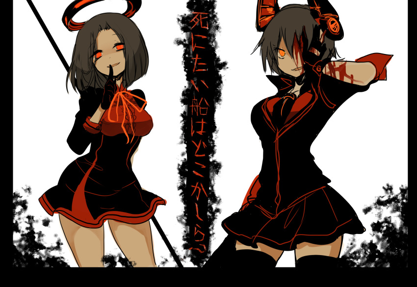 2girls, alternate_color, black_legwear, blood, blood_on_face, dress, finger_to_mouth, gloves