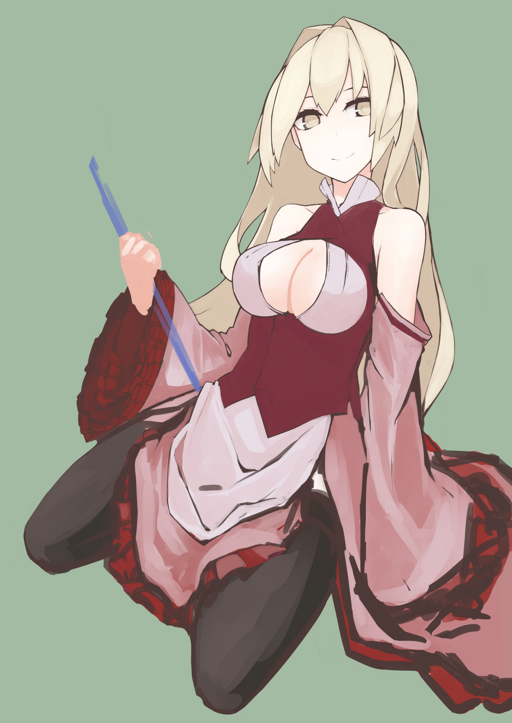 1girl, bare_shoulders, blonde_hair, breasts, cleavage, cleavage_cutout, detached_sleeves, dress