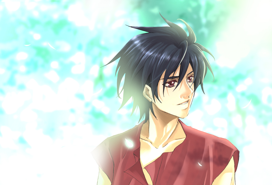 brown_eyes, escaflowne, feathers, glow, glowing, short_hair, sleeveless_shirt, solo
