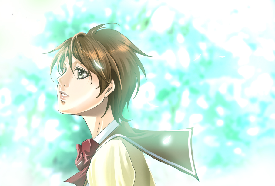 escaflowne, feathers, glow, glowing, kanzaki_hitomi, lips, school_uniform, short_hair