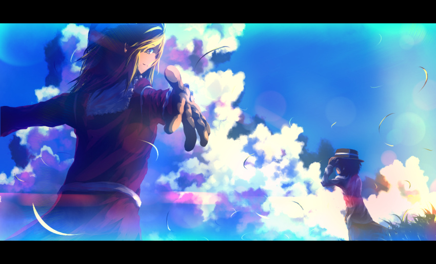 2girls, blonde_hair, brown_hair, clouds, dress, grass, hand_on_hat, hat