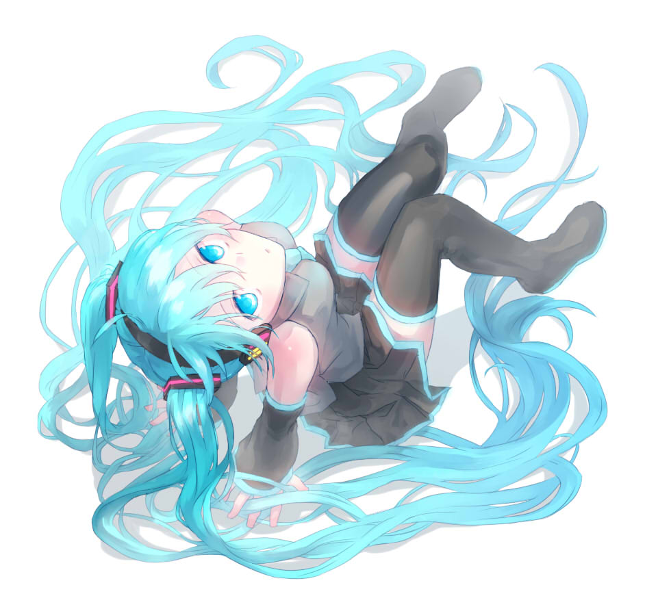 1girl, aqua_eyes, aqua_hair, black_legwear, detached_sleeves, fumiharu, hatsune_miku, long_hair