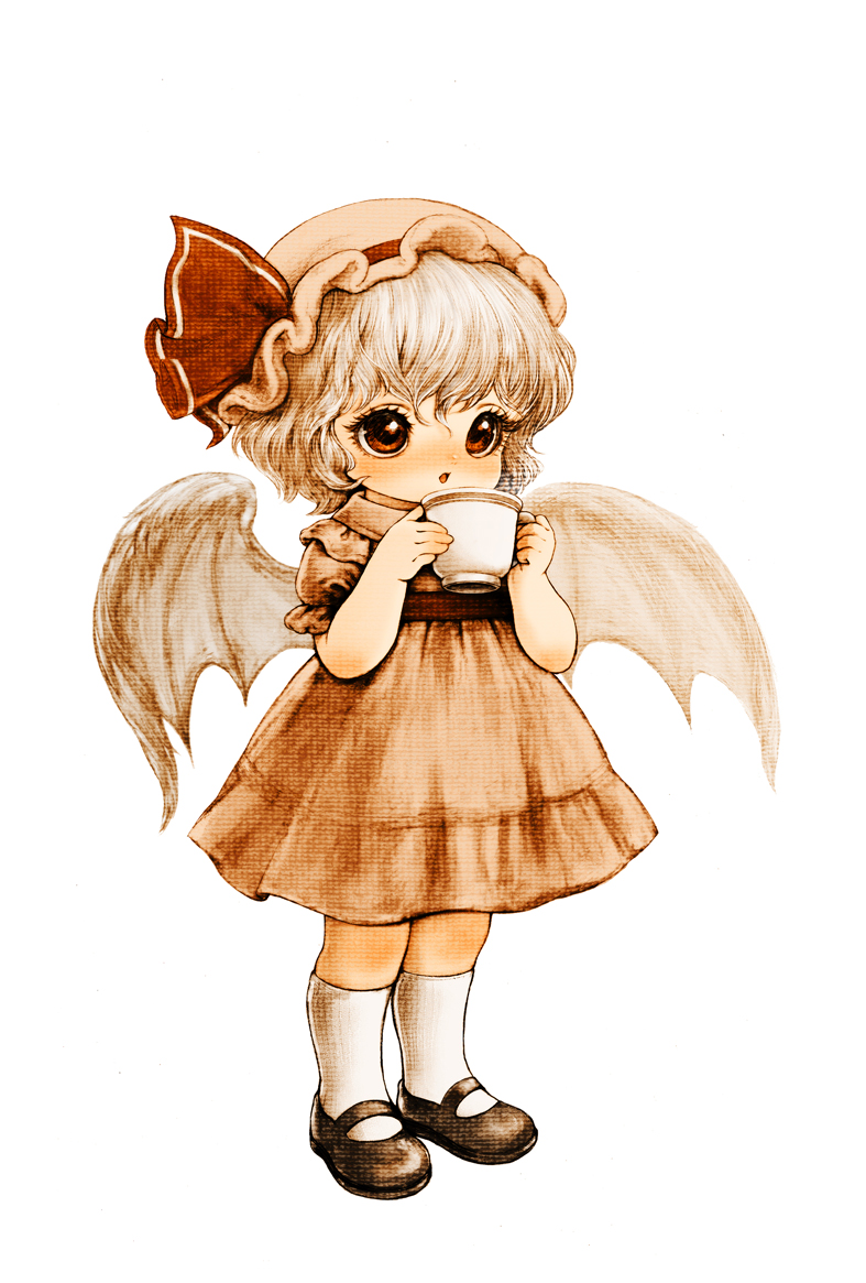 1girl, bat_wings, brown_dress, brown_eyes, child, colored_pencil_(medium), cup, dress