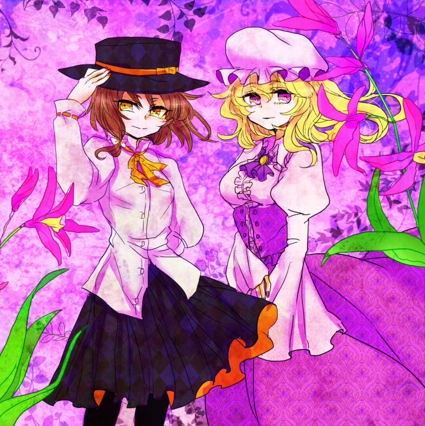 2girls, alternate_eye_color, argyle, argyle_skirt, ascot, black_legwear, black_skirt, bowtie