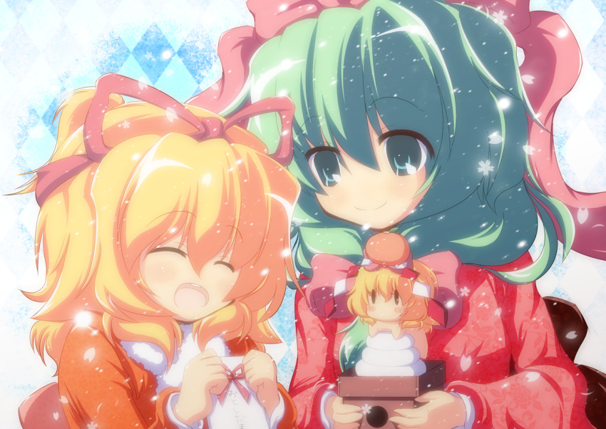 2girls, alternate_costume, blonde_hair, bow, closed_eyes, food, food_on_head, front_ponytail