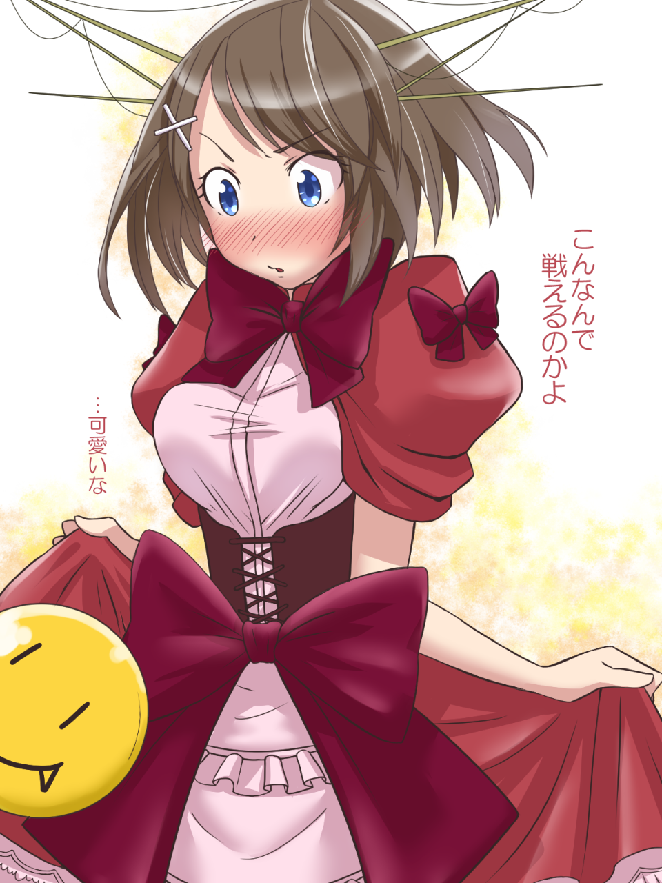 1girl, alternate_costume, aoki_hagane_no_arpeggio, blue_eyes, blush, brown_hair, corset, fang