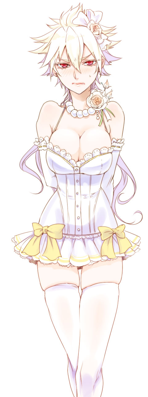 1girl, annoyed, arms_behind_back, beads, blue_hair, blush, breasts, cleavage