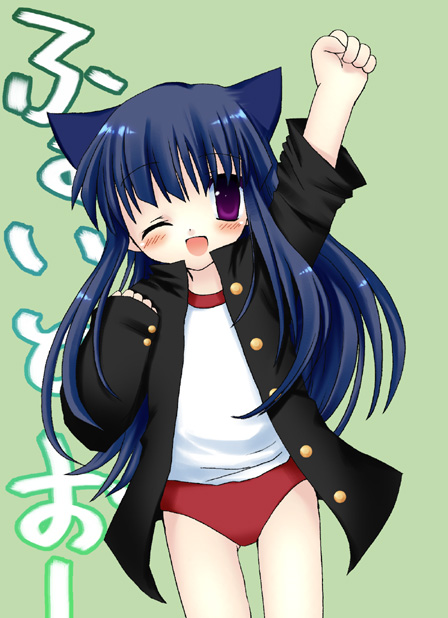 bloomers, blue_hair, higurashi_no_naku_koro_ni, long_hair, nekomimi, open_shirt, pe_uniform, rika_furude