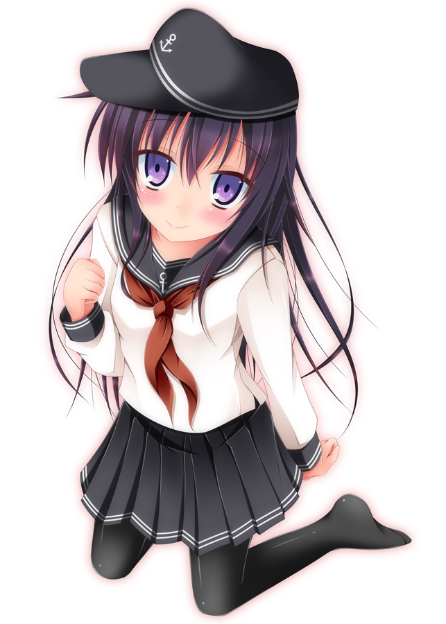 1girl, akatsuki_(kantai_collection), black_hair, clenched_hand, hat, kantai_collection, kneeling, long_hair