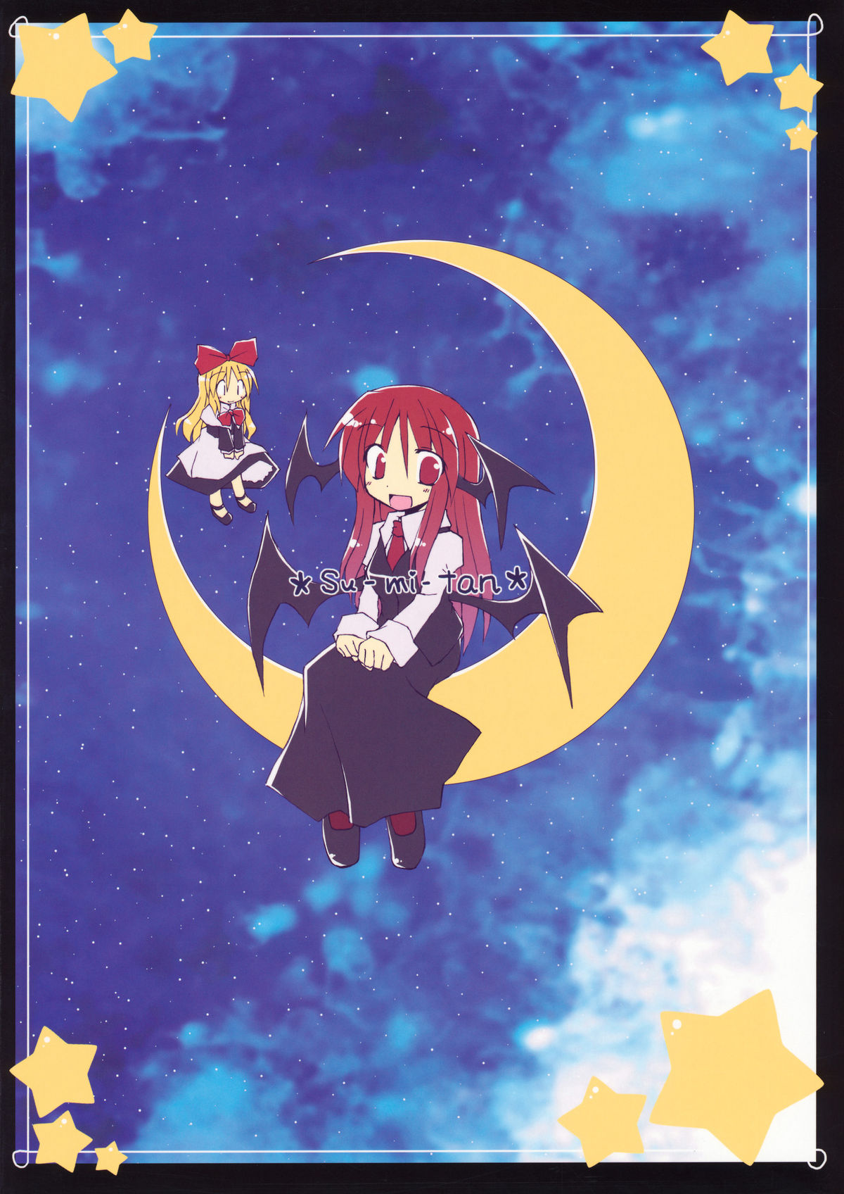 :d, blonde_hair, cloudy_sky, comic, crescent_moon, demon_wings, dress, highres, koakuma, librarian, long_hair, moon, night, night_sky, open_mouth, redhead, satou_kibi, shanghai_doll, sky, smile, star, star_(sky), starry_sky, sumitan, wings