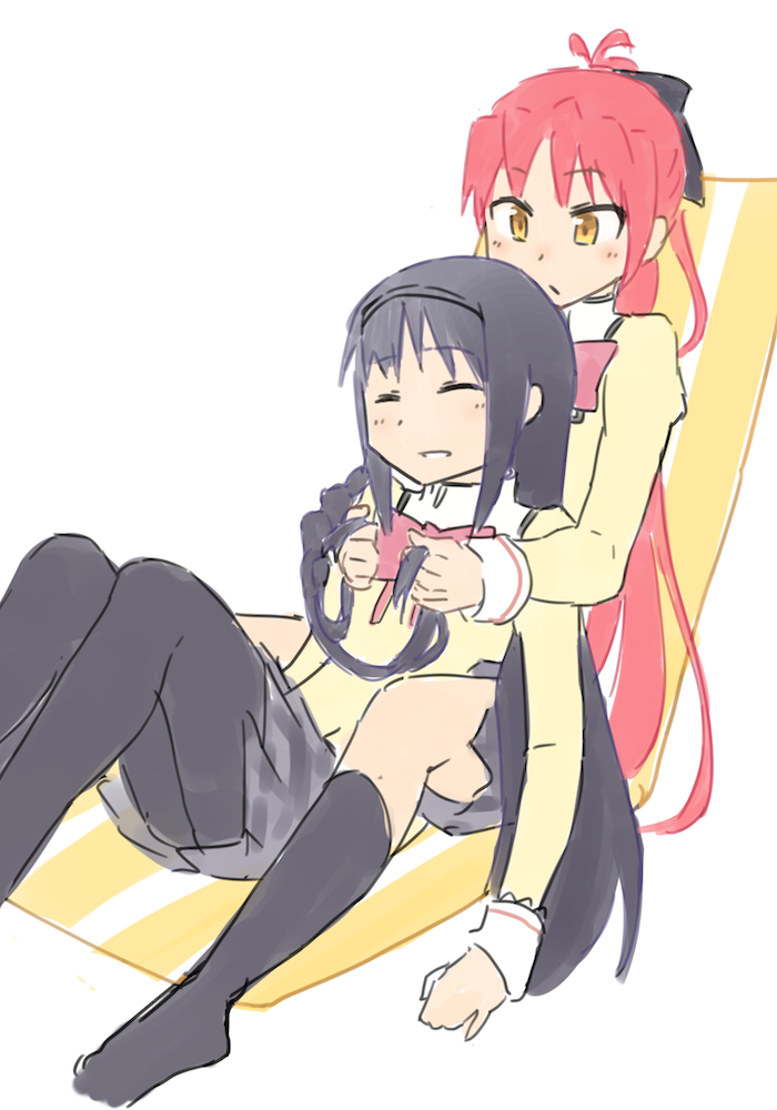 2girls, akemi_homura, black_hair, blush, bow, braiding_hair, chair, folding_chair