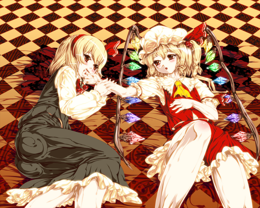 :o, blonde_hair, blush, finger_in_mouth, fingers_inside_mouth, flandre_scarlet, homeless_mk_ii, lying