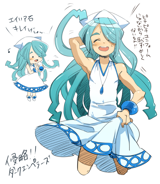 1boy, blue_hair, cosplay, hair_over_one_eye, ikamusume, ikamusume_(cosplay), inazuma_eleven, inazuma_eleven_(series), kazemaru_ichirouta, long_hair, male, open_mouth, shinryaku!_ikamusume, shiyouma, sketch, smile, tentacle_hair, translation_request, trap