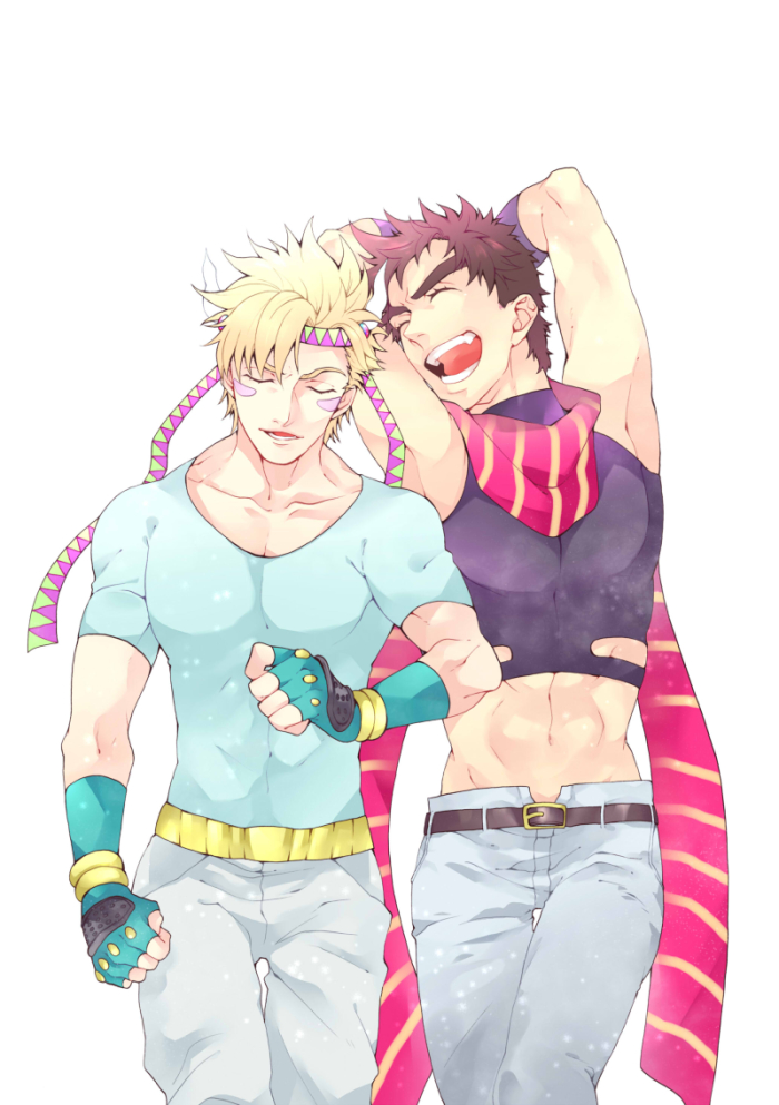 2boys, arms_behind_head, belt, blonde_hair, brown_hair, caesar_anthonio_zeppeli, eyebrows, facial_mark