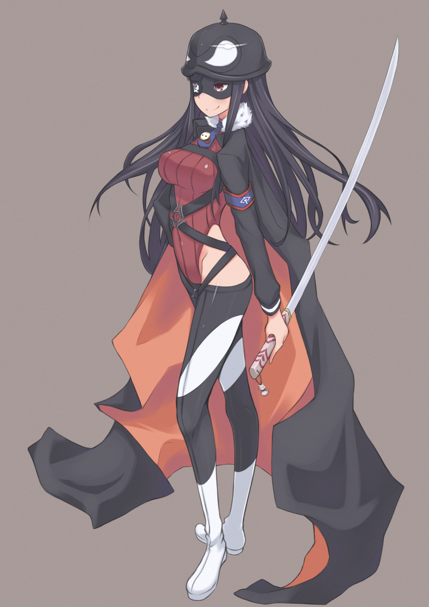 1girl, belt, black_hair, cape, coat, eyepatch, fur_trim, galaxea