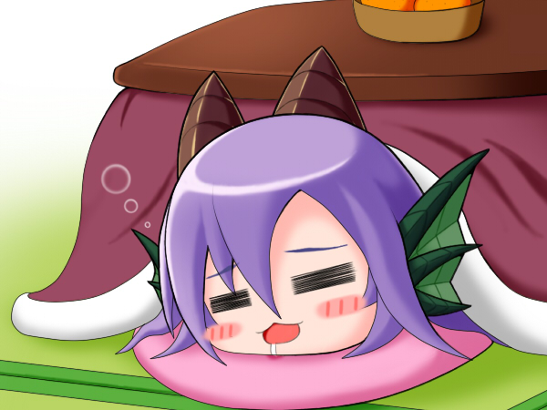 1girl, blush_stickers, bubble, dragon_(monster_girl_encyclopedia), dragon_girl, drooling, kotatsu, monster_girl, monster_girl_encyclopedia, nawiria_vire, sleeping, table